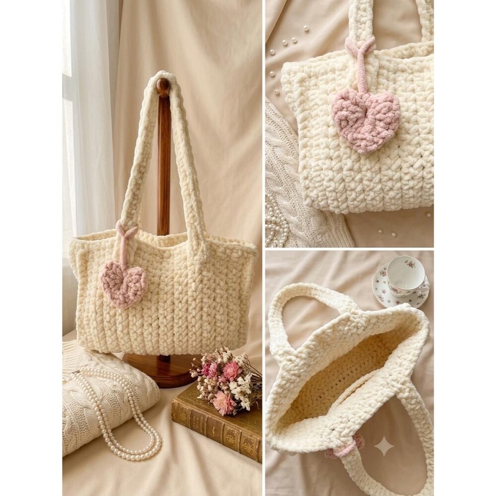 Handmade Chunky Crochet Tote Bag | Cream with Pink Heart Charm